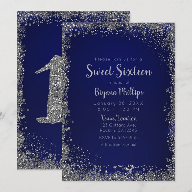 Royal Blue & Silver Glitzer Glam Sweet 16 Party Einladung (Vorne/Hinten)