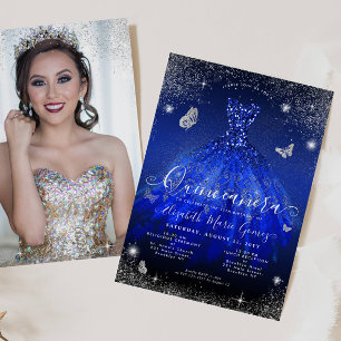 Royal Blue Silver Glitzer Gown Foto Quinceanera Einladung