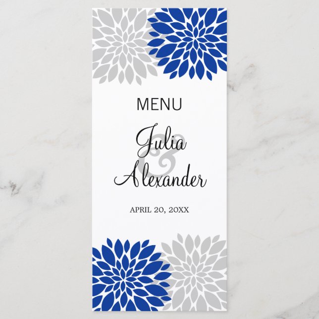 Royal Blue Silver-Gray Floral Burst Menükarte (Vorderseite)