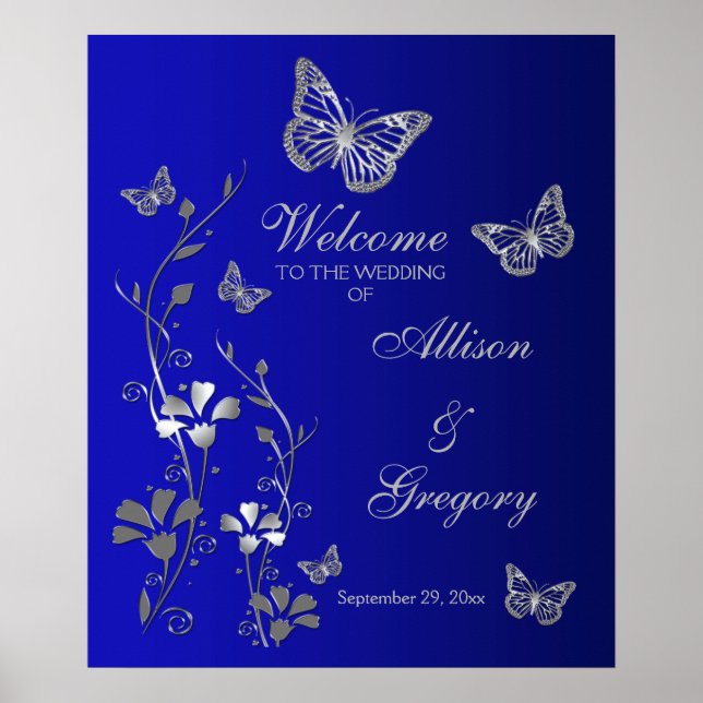 Royal Blue, Silver Gray Wedding Welcome Poster (Vorne)