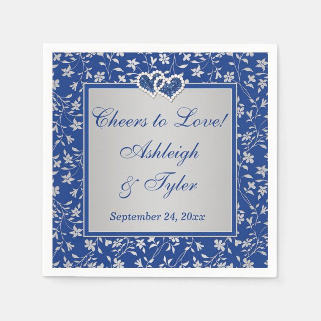 Royal Blue, Silver Grey Floral Paper Wedding Serviette (Vorderseite)