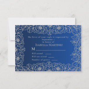 Royal Blue Silver Line Art Floral Quinceñera RSVP Karte