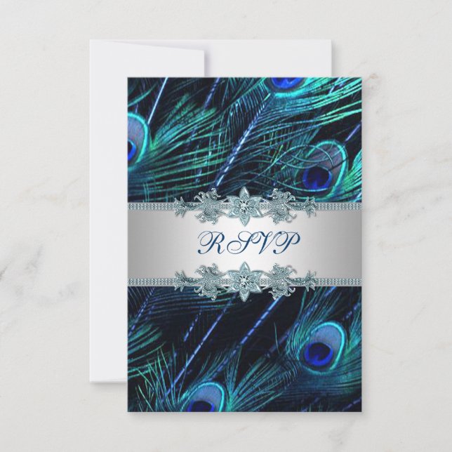 Royal Blue Silver Peacock Wedding RSVP Karte (Vorderseite)