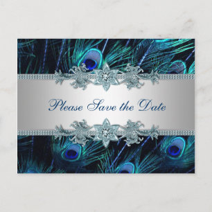 Royal Blue Silver Peacock Wedding Save the Date Ankündigungspostkarte