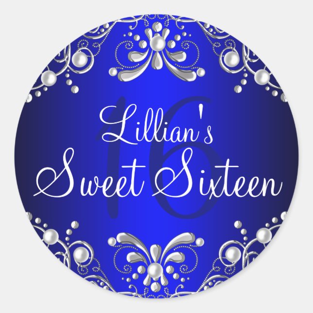 Royal Blue Silver Pearl Damask Sweet 16 Aufkleber (Vorderseite)