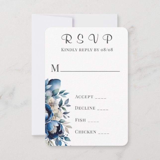 Royal Blue & Silver Peony Wedding RSVP Cards (Vorderseite)