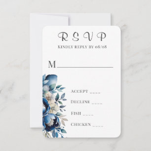 Royal Blue & Silver Peony Wedding RSVP Cards Karte