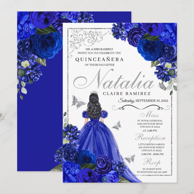 Royal Blue Silver Princess Butterflies Quinceañera Einladung (Vorne/Hinten)