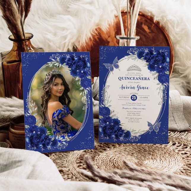 Royal Blue Silver Quinceañera 15. Geburtstag Foto Einladung (Von Creator hochgeladen)