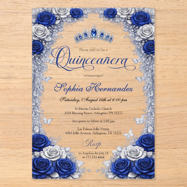 Royal Blue & Silver Quinceanera  Acryleinladungen (Vorderseite)