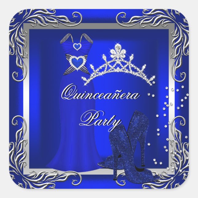 Royal Blue Silver Quinceanera Blue High Heel Shoes Quadratischer Aufkleber (Vorderseite)