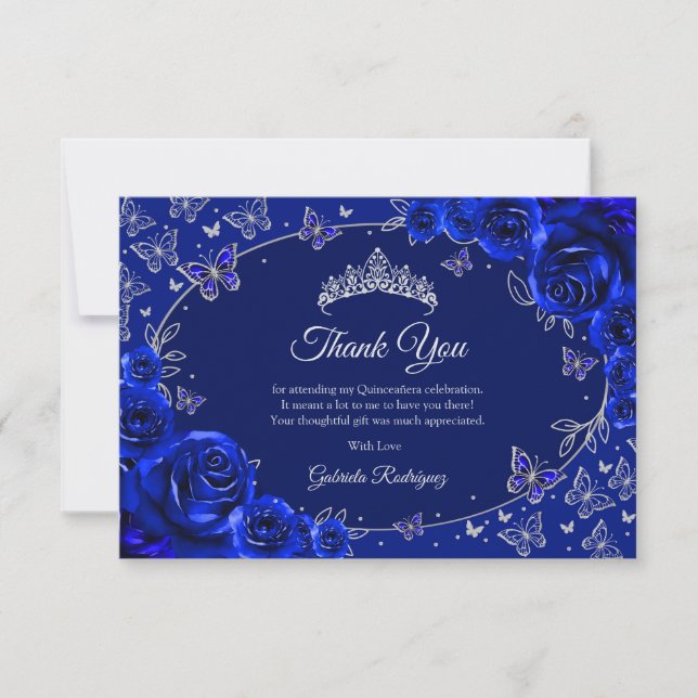 Royal Blue Silver Quinceanera Dankeskarte (Vorderseite)