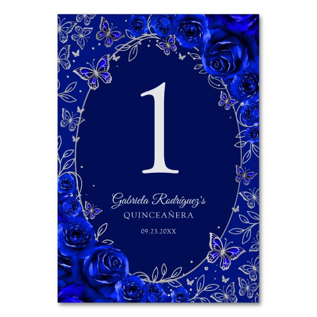 Royal Blue Silver Quinceanera Tischnummer (Vorderseite)