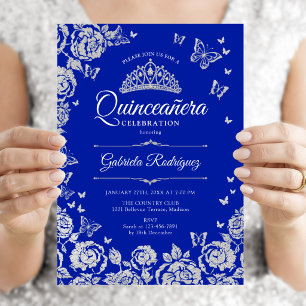 Royal Blue Silver Rose Butterfets Quinceanera Einladung