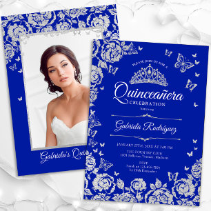 Royal Blue Silver Rose Quinceanera Foto Einladung