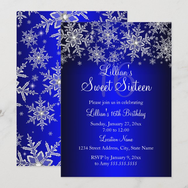 Royal Blue Silver Snowflake Sweet 16 Einladung (Vorne/Hinten)