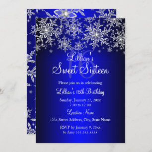 Royal Blue Silver Snowflake Sweet 16 Invitation