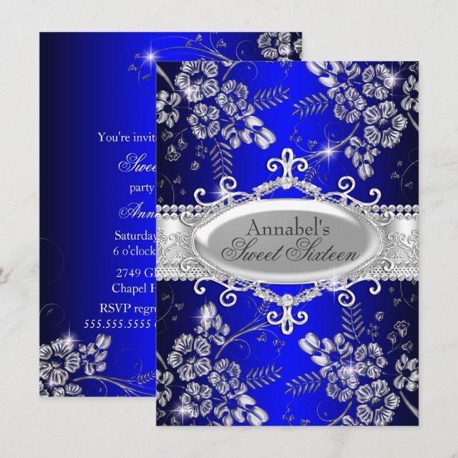 Royal Blue Silver Sparkle Blume Sweet 16 Einladung (Vorne/Hinten)