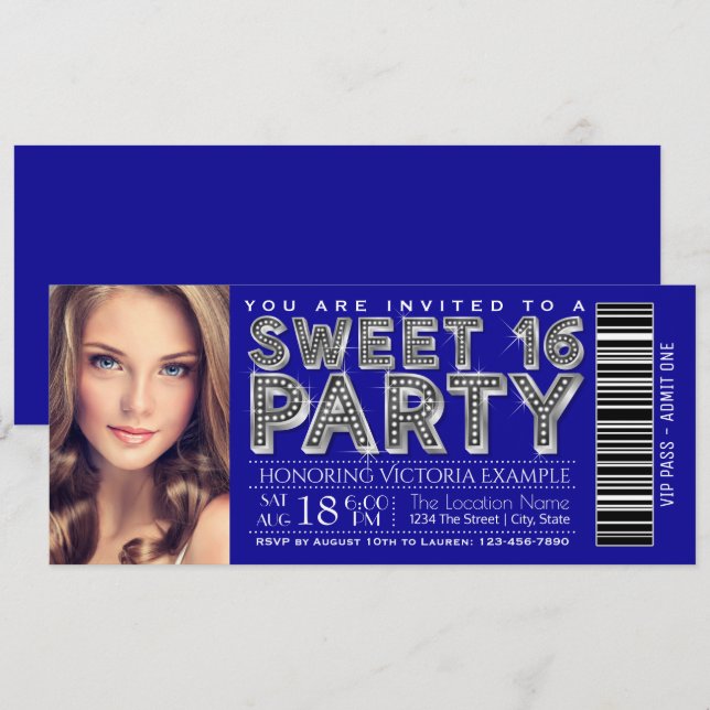 Royal Blue Silver Sweet 16 Ticket Einladung (Vorne/Hinten)