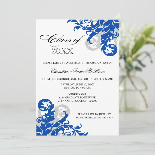 Royal Blue Silver Swirl Graduation Faire-part (Debout devant)