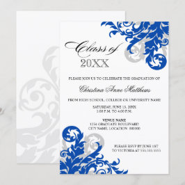 Royal Blue Silver Swirl Graduation Faire-part