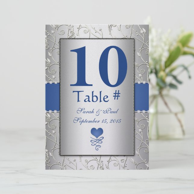 Royal Blue Silver Swirl Wedding Einladung (Stehend Vorderseite)