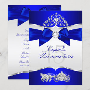 Royal Blue Silver Tiara Pearl Bow Quinceanera Einladung