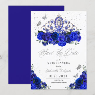 Royal Blue Silver Tiara Save the Date Quinceañera Einladung