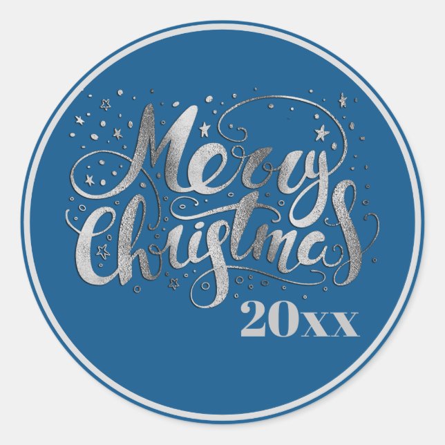 Royal Blue Silver White Frohe Weihnachten Runder Aufkleber (Vorderseite)