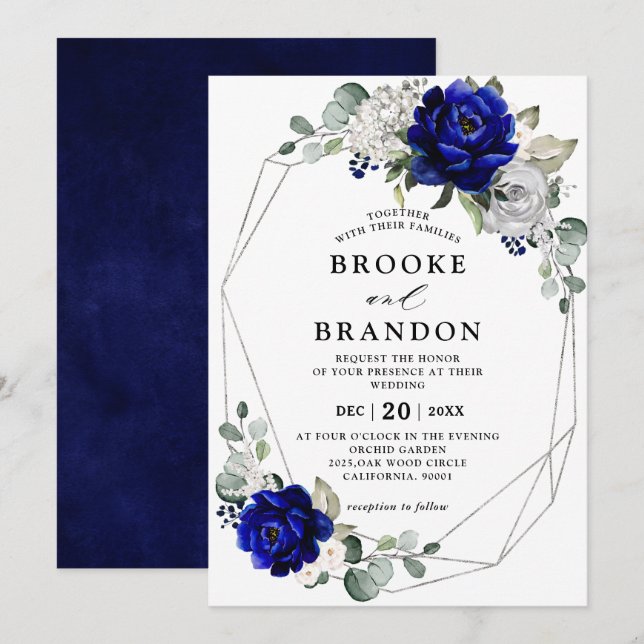 Royal Blue Silver White Ivory Geometric Wedding Einladung (Vorne/Hinten)
