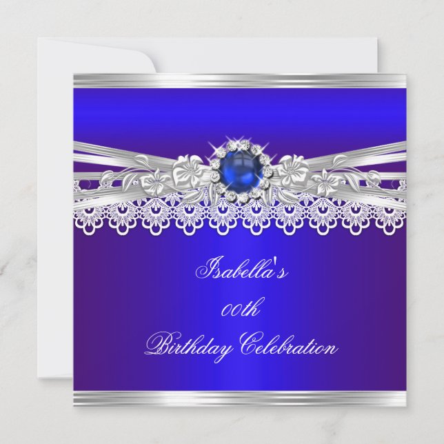 Royal Blue Silver White Pearl Lace Floral Geburtst Einladung (Vorderseite)