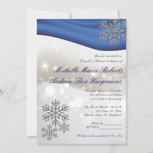 Royal Blue Silver Winter Wedding Couple Dusche Einladung (Vorderseite)