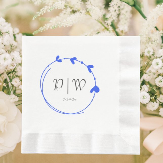 Royal Blue Simple Heart Wreath Monogram Wedding Serviette (In Situ Wedding)