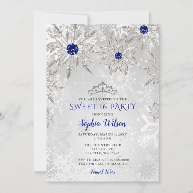 Royal Blue Snowflakes Tiara Sweet 16 Einladung (Vorderseite)