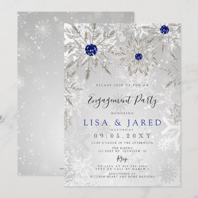 Royal Blue Snowflakes Winter Engagement Party Einladung (Vorne/Hinten)