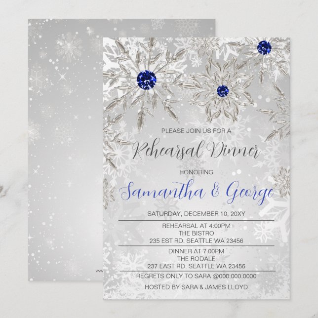 Royal Blue Snowflakes Winterabend Probe Einladung (Vorne/Hinten)
