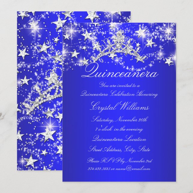 Royal Blue Sparkle Tiara Stars Quinceanera Einladung (Vorne/Hinten)