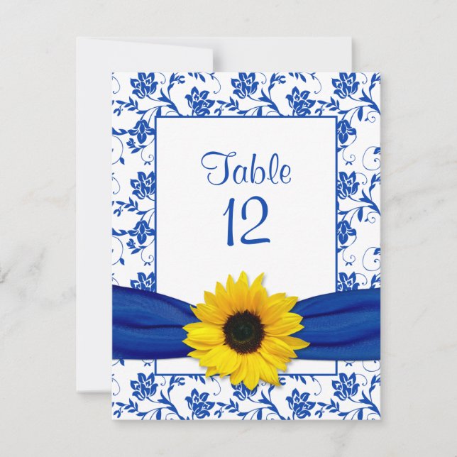 Royal Blue Sunflower Damask Wedding Table Card Dankeskarte (Vorderseite)