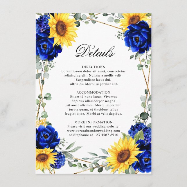 Royal Blue Sunflower Geometric Wedding Details En Begleitkarte (Vorderseite)