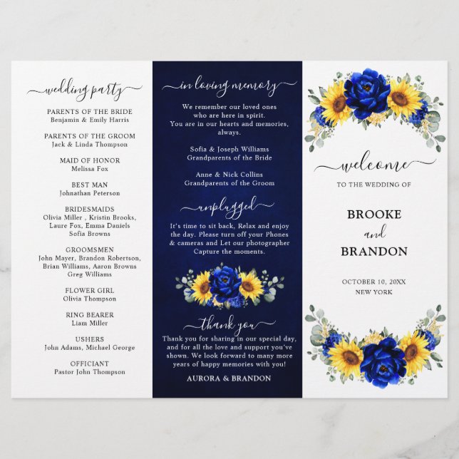 Royal Blue Sunflower Mariage Tri-fold Carte Progra (Devant)