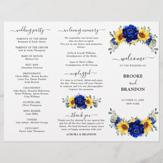 Royal Blue Sunflower Mariage Tri-fold Carte Progra (Devant)