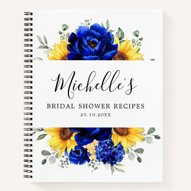 Royal Blue Sunflower Modern Brautparty Rezepte Notizbuch (Vorderseite)