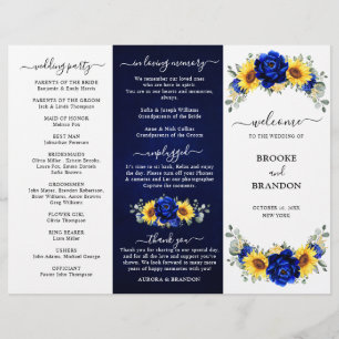 Royal Blue Sunflower Wedding Dreifach Programmkart