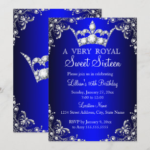 Royal Blue Sweet 16 Silver Pearl Damask Krone Einladung