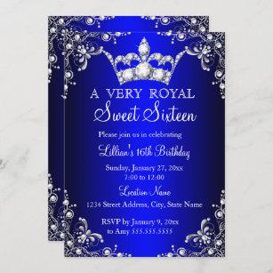 Royal Blue Sweet 16 Silver Pearl Damask Krone Einladung