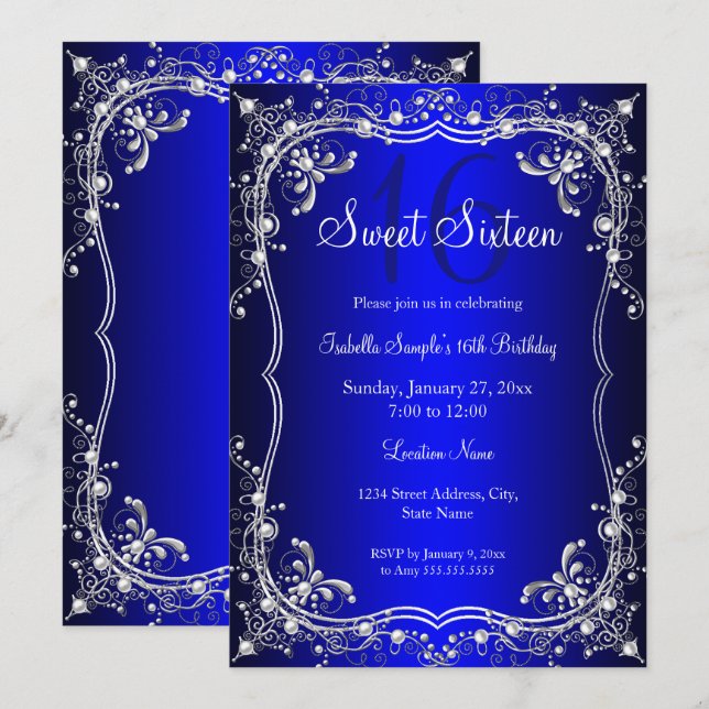 Royal Blue Sweet 16 Silver Pearl Damask Party Einladung (Vorne/Hinten)