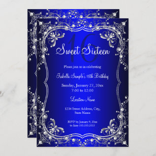 Royal Blue Sweet 16 Silver Pearl Damask Party Einladung