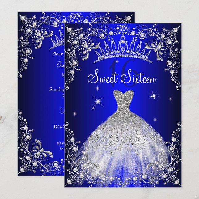 Royal Blue Sweet 16 Silver Pearl Dress Party Einladung (Vorne/Hinten)