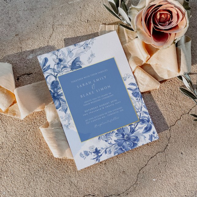 Royal Blue Toile Floral Foil Hochzeit Einladung (Von Creator hochgeladen)
