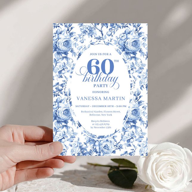 Royal Blue Toile Roses 60th Birthday Invite Printa Einladung (Royal Blue Toile Roses 60th Birthday Invite Printable

)